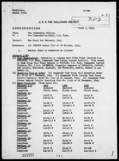 Page 1 of the war diary of U.S.S. The Sullivans for February 1945: task organization, operation orders, and daily positions from February 1 to 17.