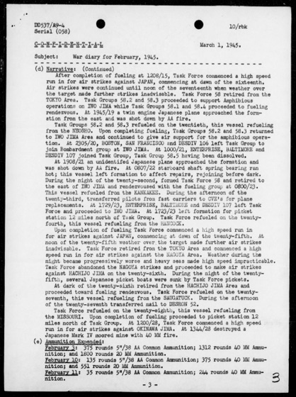 Page 3: the narrative of the strikes on Japan, Iwo Jima, and the run on Nagoya, with ammunition expended.