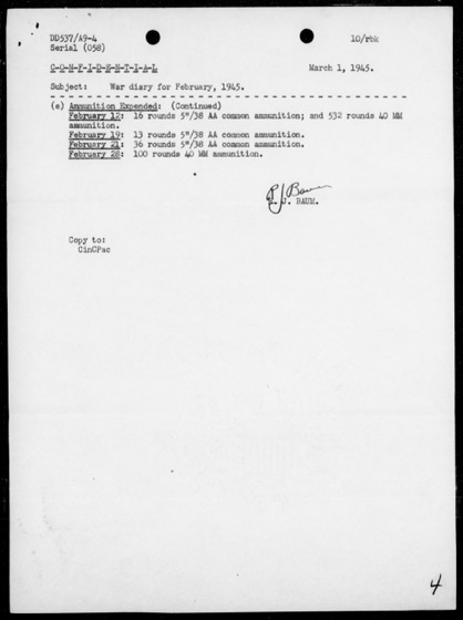 Page 4: the last of the ammunition expended, signed R. J. Baum.