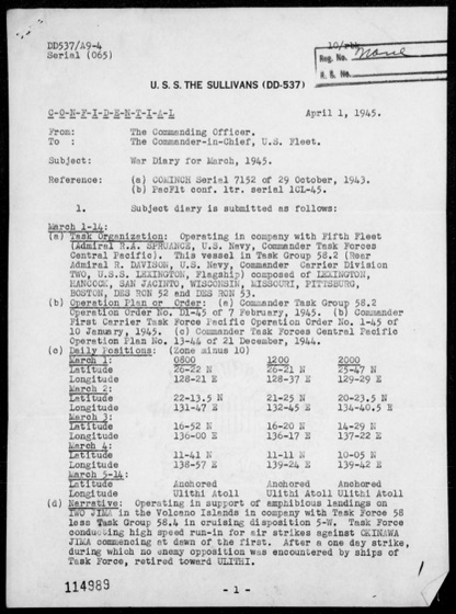 Page 1 of the war diary of U.S.S. The Sullivans for March 1945: task organization and positions for March 1 to 14.