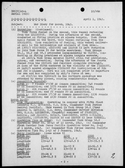 Page 2: the narrative at Ulithi, including the Piedmont and the attack on the Randolph, and positions from March 14.