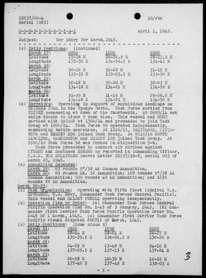 Page 3: positions for March 17 to 23 and the narrative of the sortie with the Hunt and the Bataan.