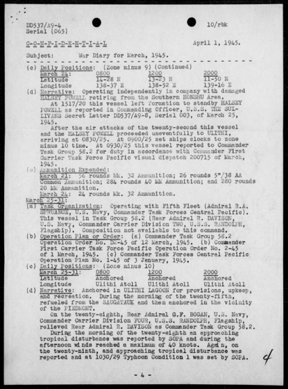 Page 4: standing by the Halsey Powell, the return to Ulithi, and the typhoon warning.