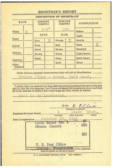 Back of the registration card: the registrar’s report describing the registrant, signed M. E. Ellis and stamped Local Board No. 1, Mason County.