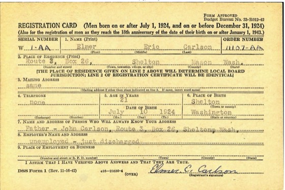 Front of Elmer Eric Carlson’s typed Selective Service registration card, Shelton, Washington, October 26, 1945, with his signature.