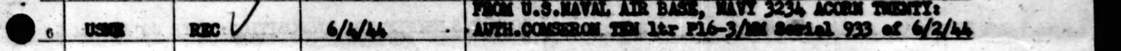 The typed line naming Elmer Eric Carlson, cut from the scan: Line 6, the change: received June 4, 1944, from the air base at Majuro.